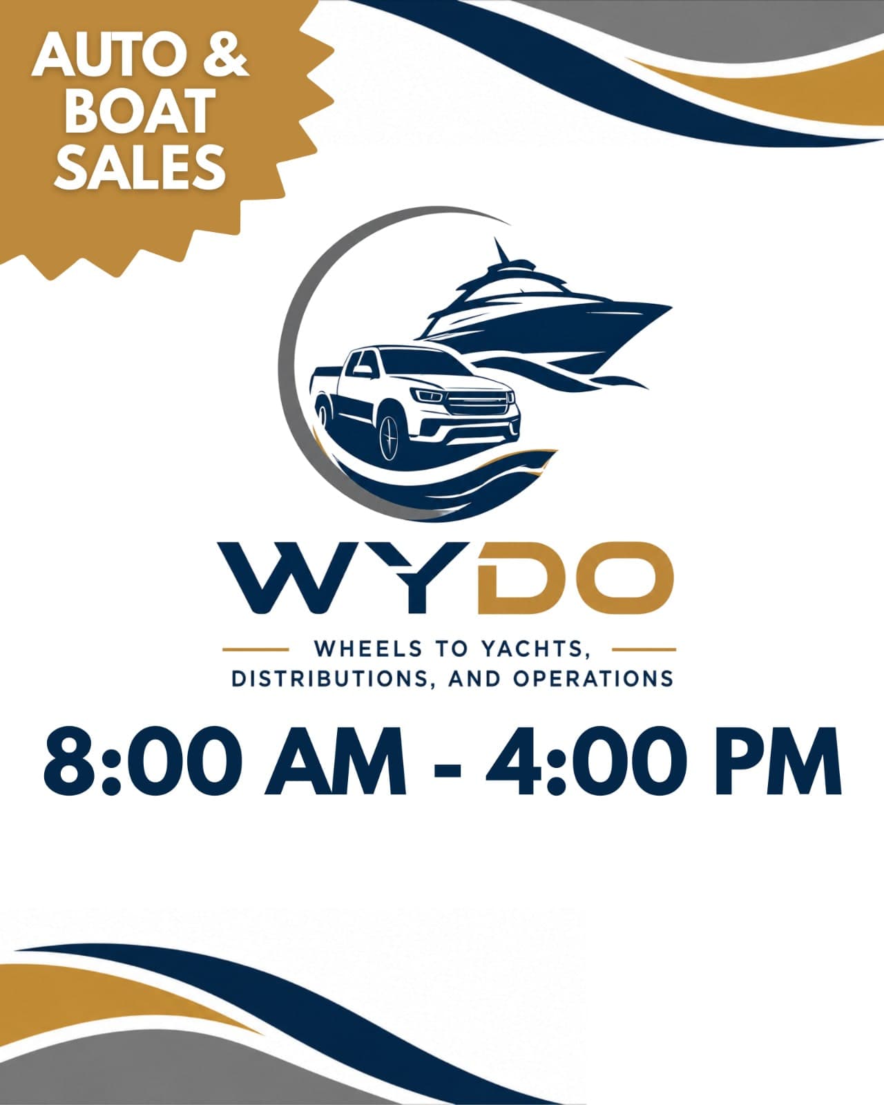 WYDO Auto & Boat Sales sign, showing the WYDO Wheels to Yachts, Distributions, and Operations logo.